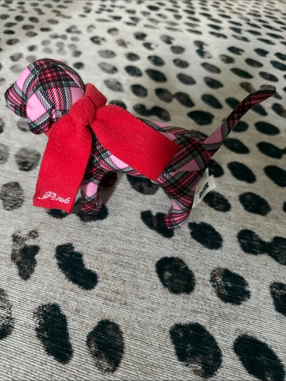 PINK Victoria's Secret Pink & Red Plaid Dog Figurine with Red Bow